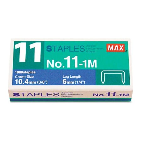 Max Usa Max No. 11 Mini Staples for HD-11FLK, 1/4" Leg, 3/8"Crown Flat Clinch, 1,000/Box NO111M
